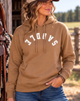 Saddle Hoodie in Saddle — female model, front view