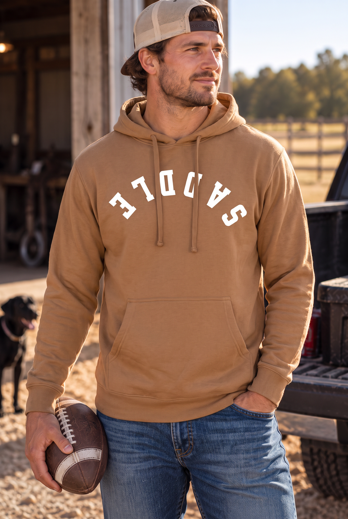 Saddle Hoodie in Saddle — male model, front view