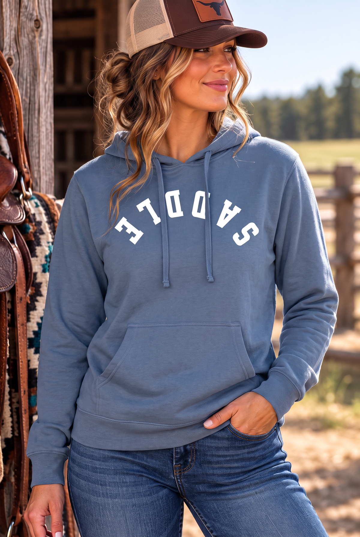 Saddle Hoodie in Storm Blue — female model, front view