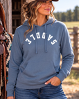 Saddle Hoodie in Storm Blue — female model, front view