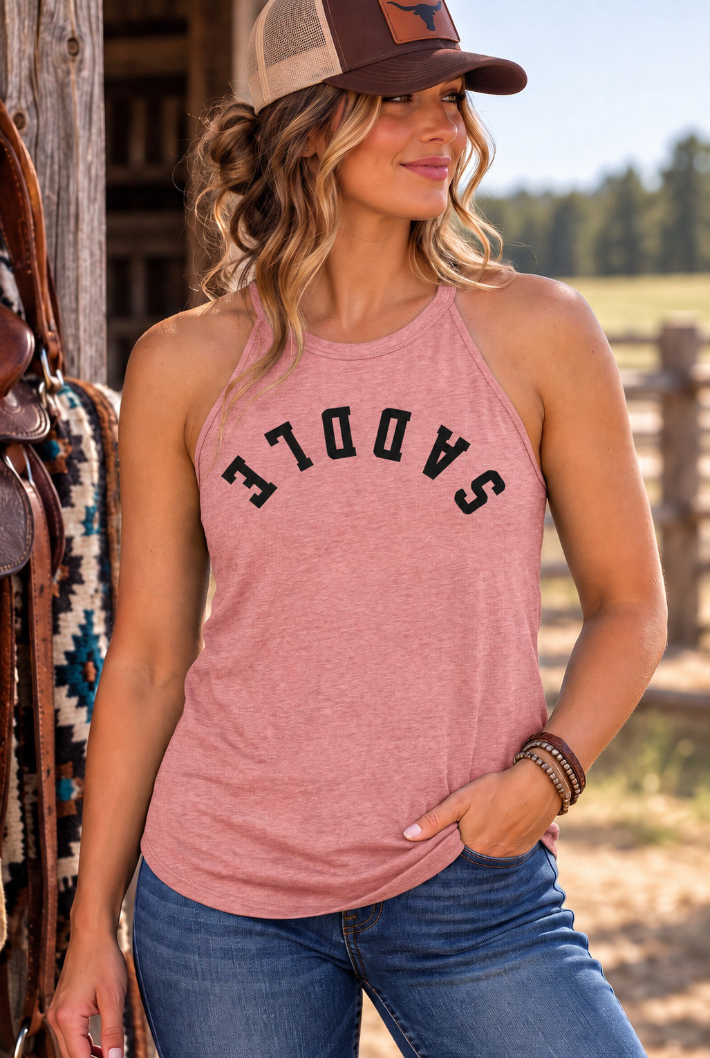 Saddle Tank in Blush Frost — female model, front view