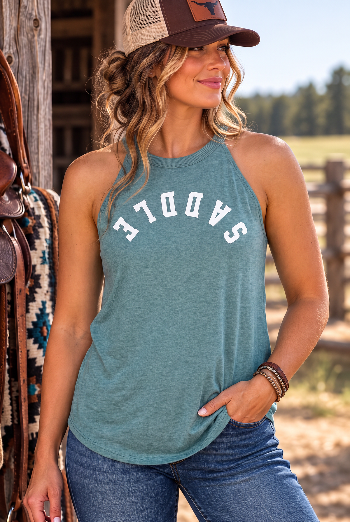Saddle Tank in Heathered Eucalyptus Blue — female model, front view