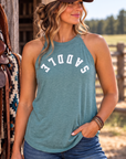 Saddle Tank in Heathered Eucalyptus Blue — female model, front view