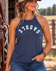 Saddle Tank in Navy Frost — female model, front view