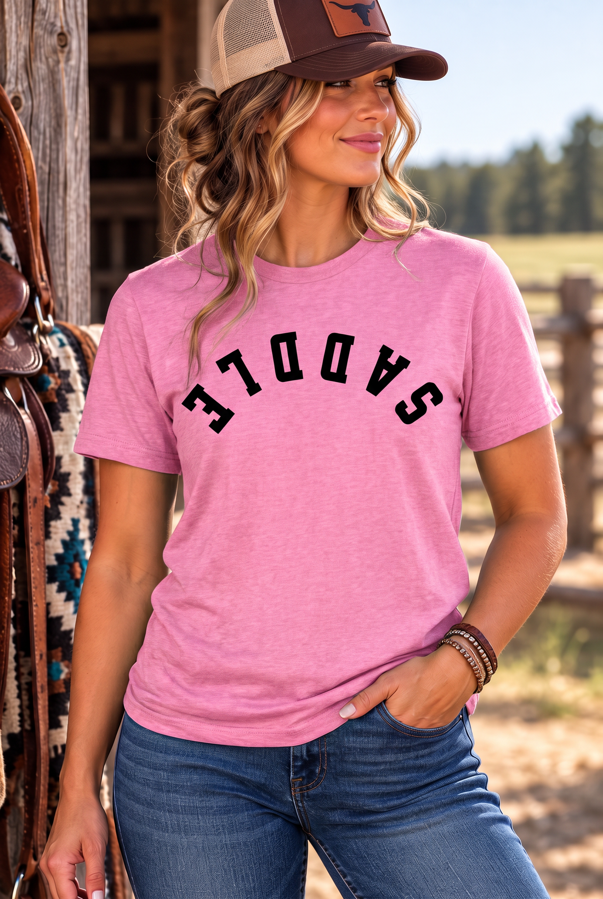 Saddle Tee in Awareness Pink Heather — female model, front view