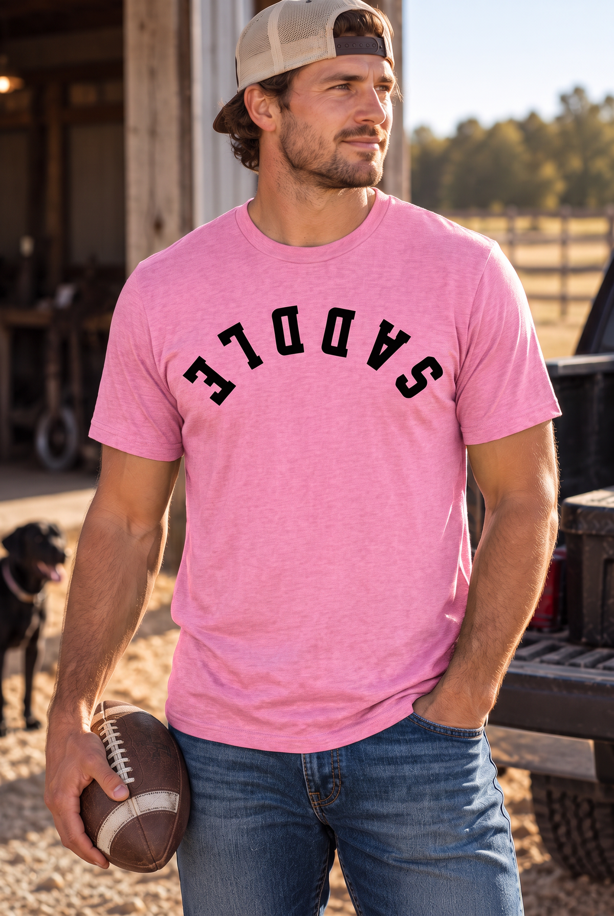 Saddle Tee in Awareness Pink Heather — male model, front view