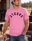Saddle Tee in Awareness Pink Heather — male model, front view