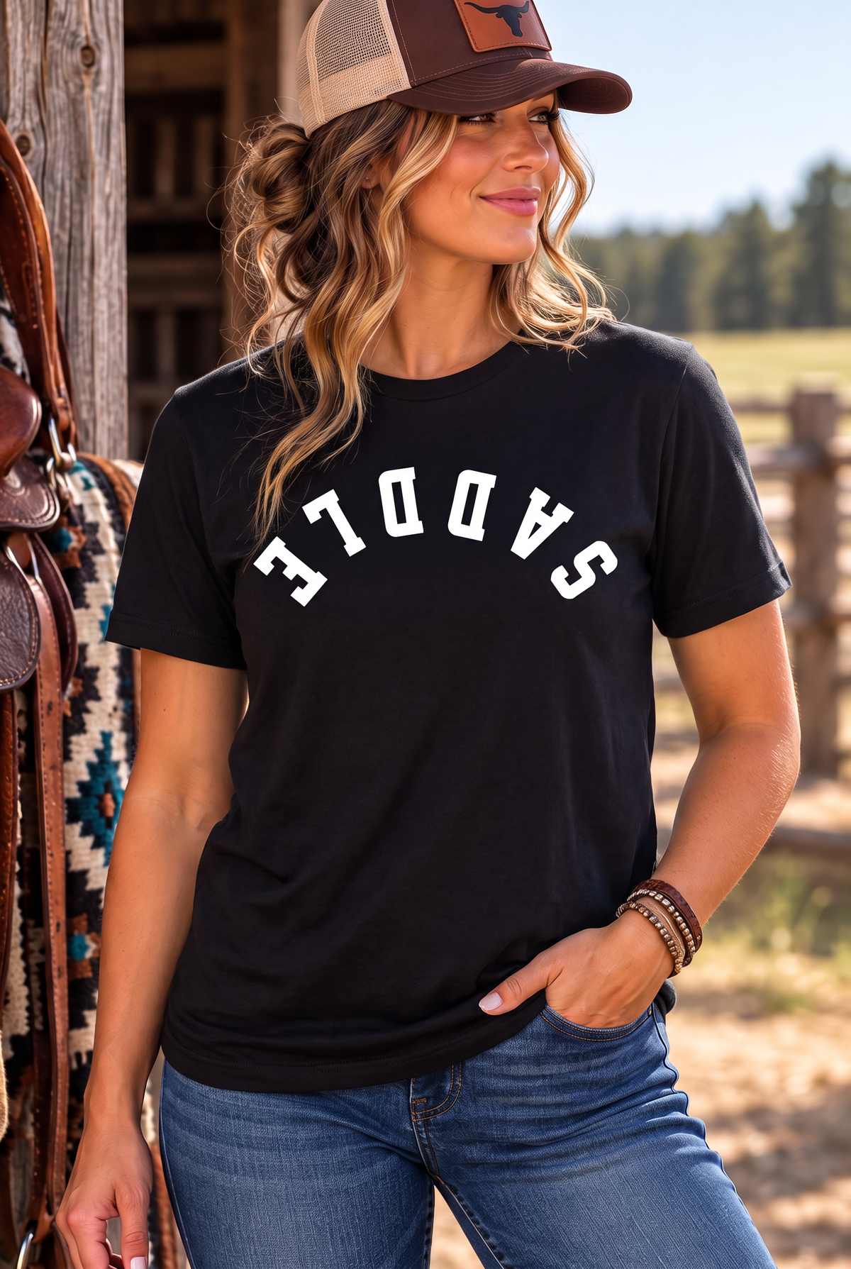 Saddle Tee in Black — female model, front view