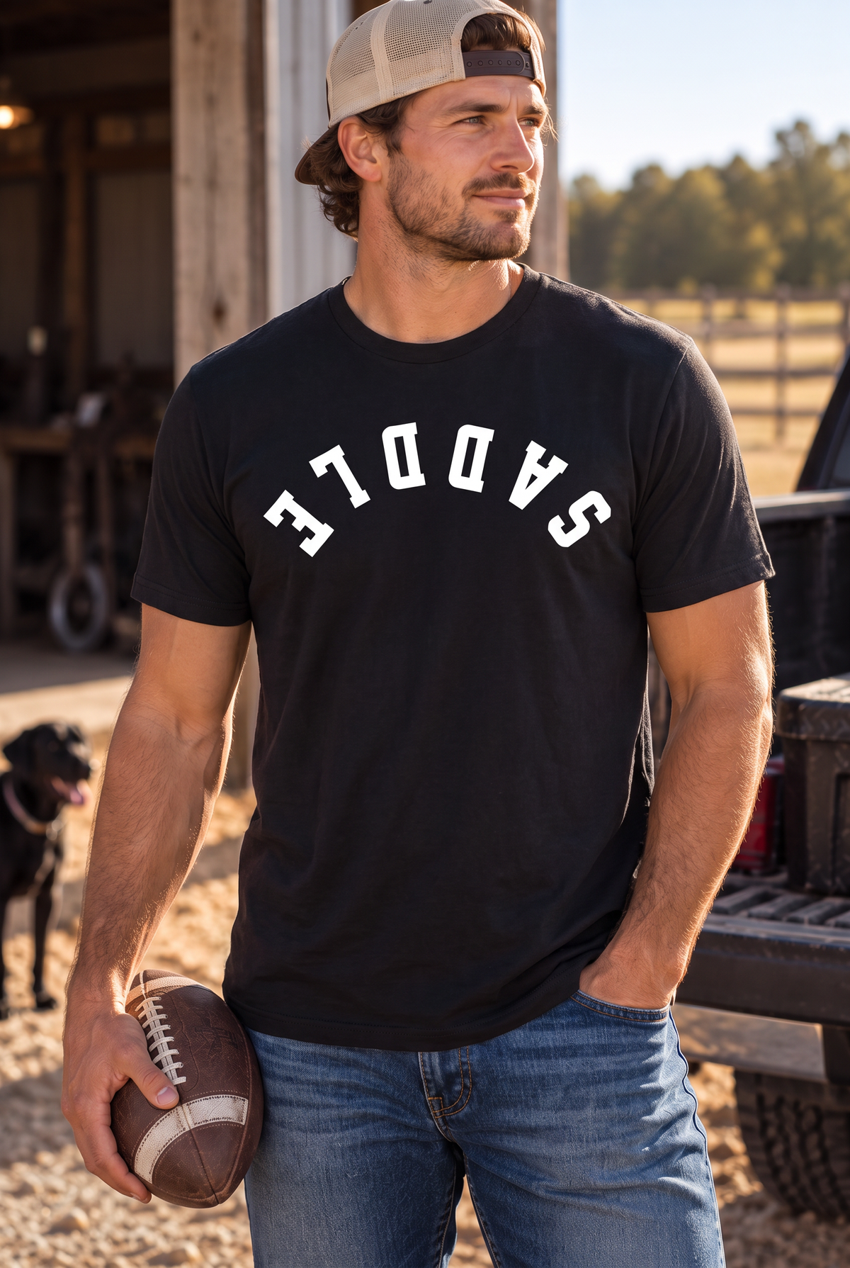 Saddle Tee in Black — male model, front view