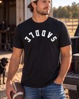 Saddle Tee in Black — male model, front view
