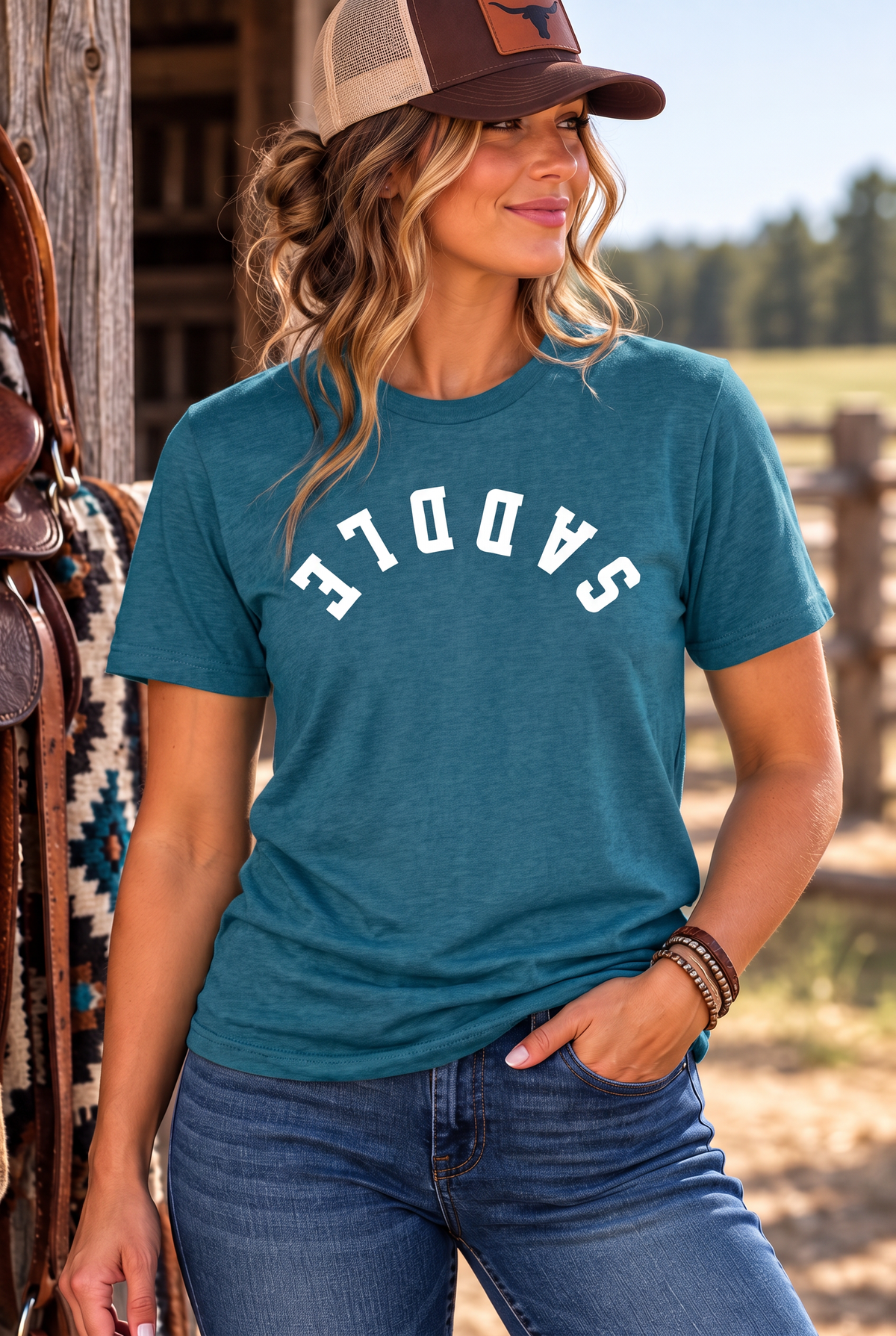 Saddle Tee in Deep Turquoise Fleck — female model, front view