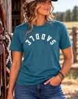 Saddle Tee in Deep Turquoise Fleck — female model, front view