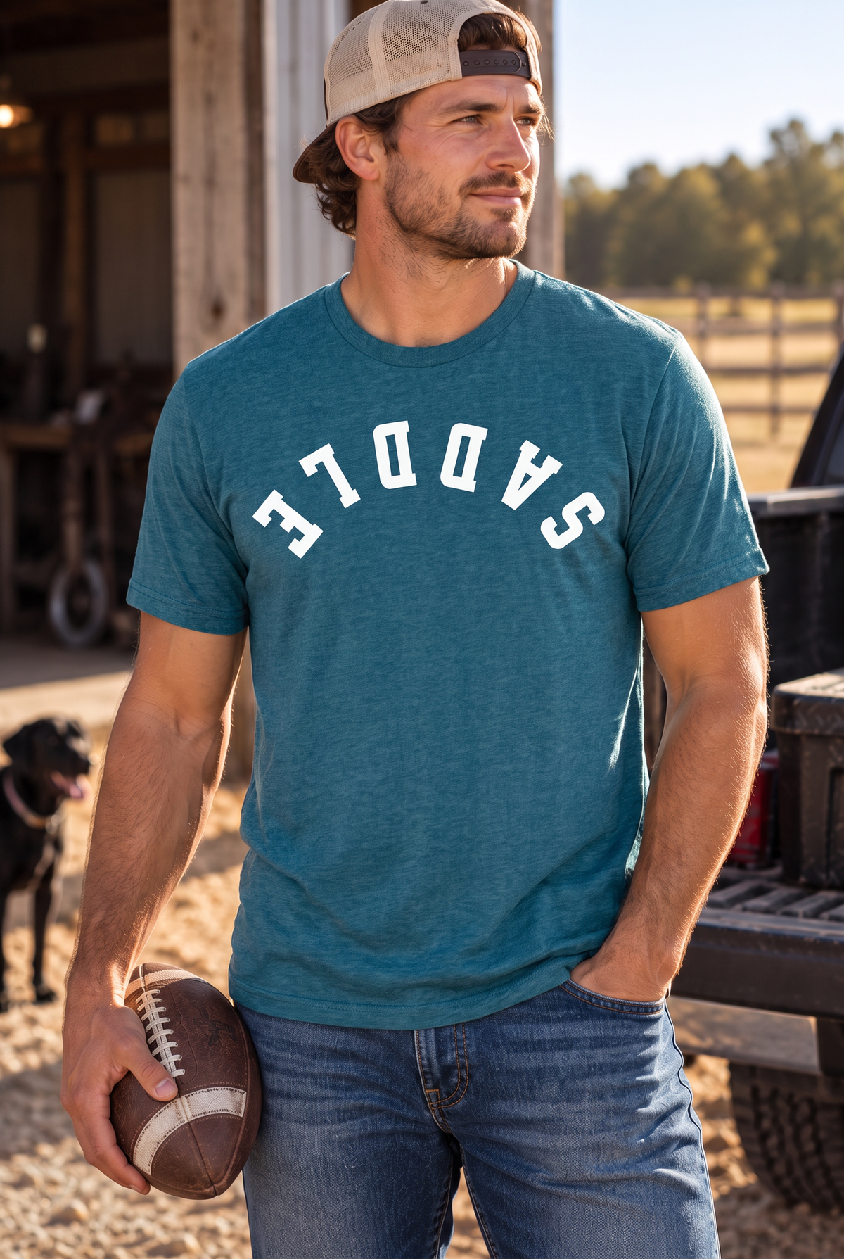 Saddle Tee in Deep Turquoise Fleck — male model, front view