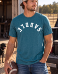 Saddle Tee in Deep Turquoise Fleck — male model, front view