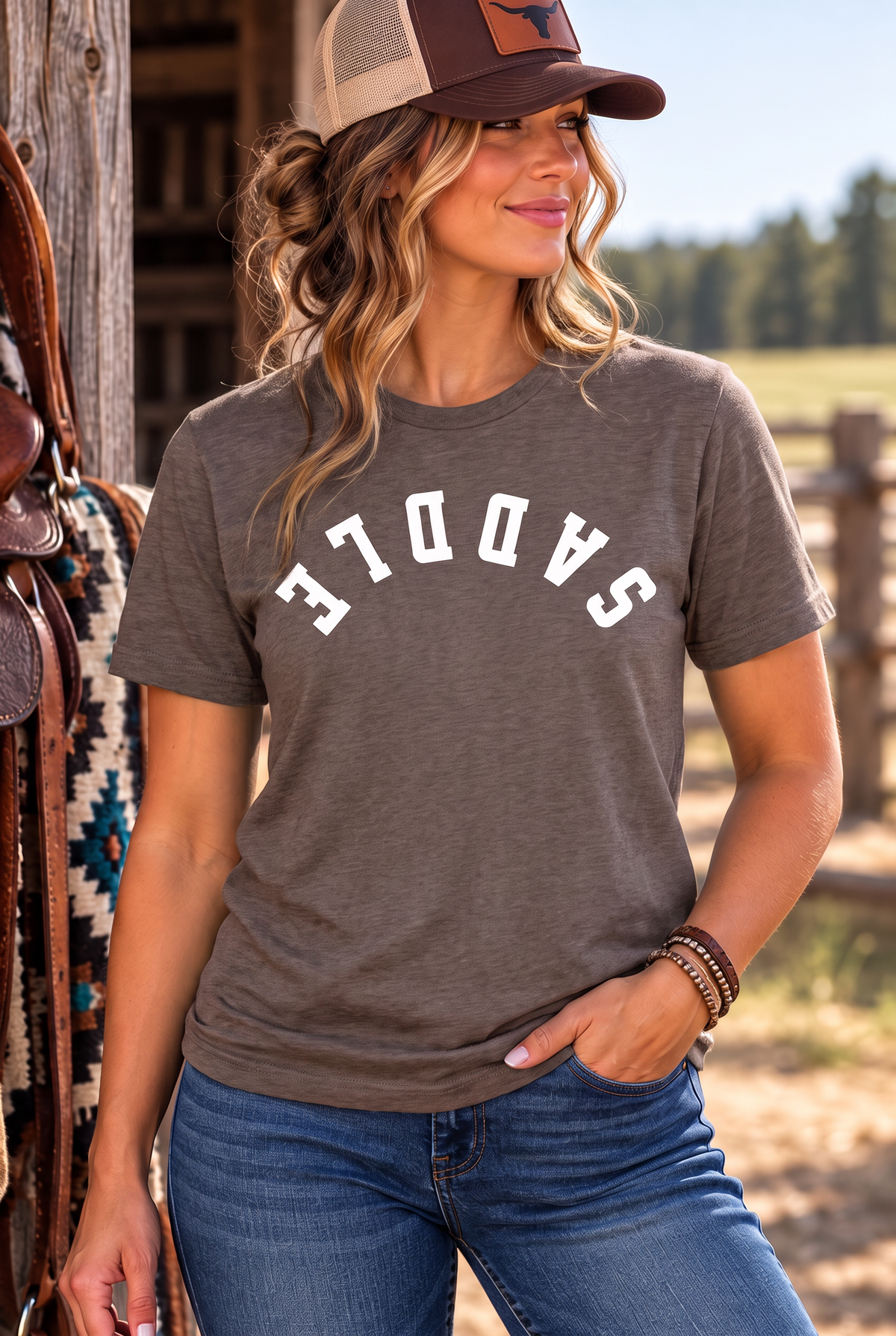 Saddle Tee in Heathered Brown — female model, front view