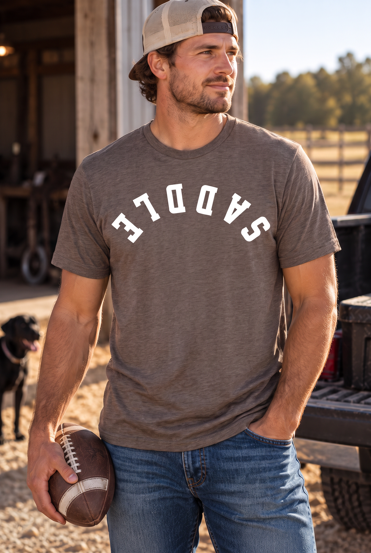 Saddle Tee in Heathered Brown — male model, front view