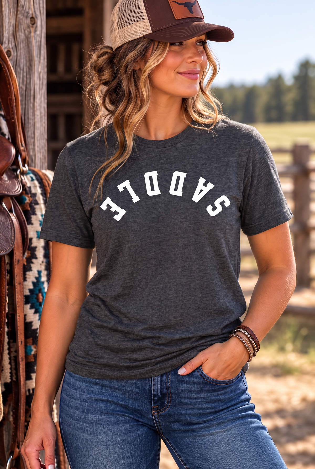 Saddle Tee in Heathered Charcoal — female model, front view