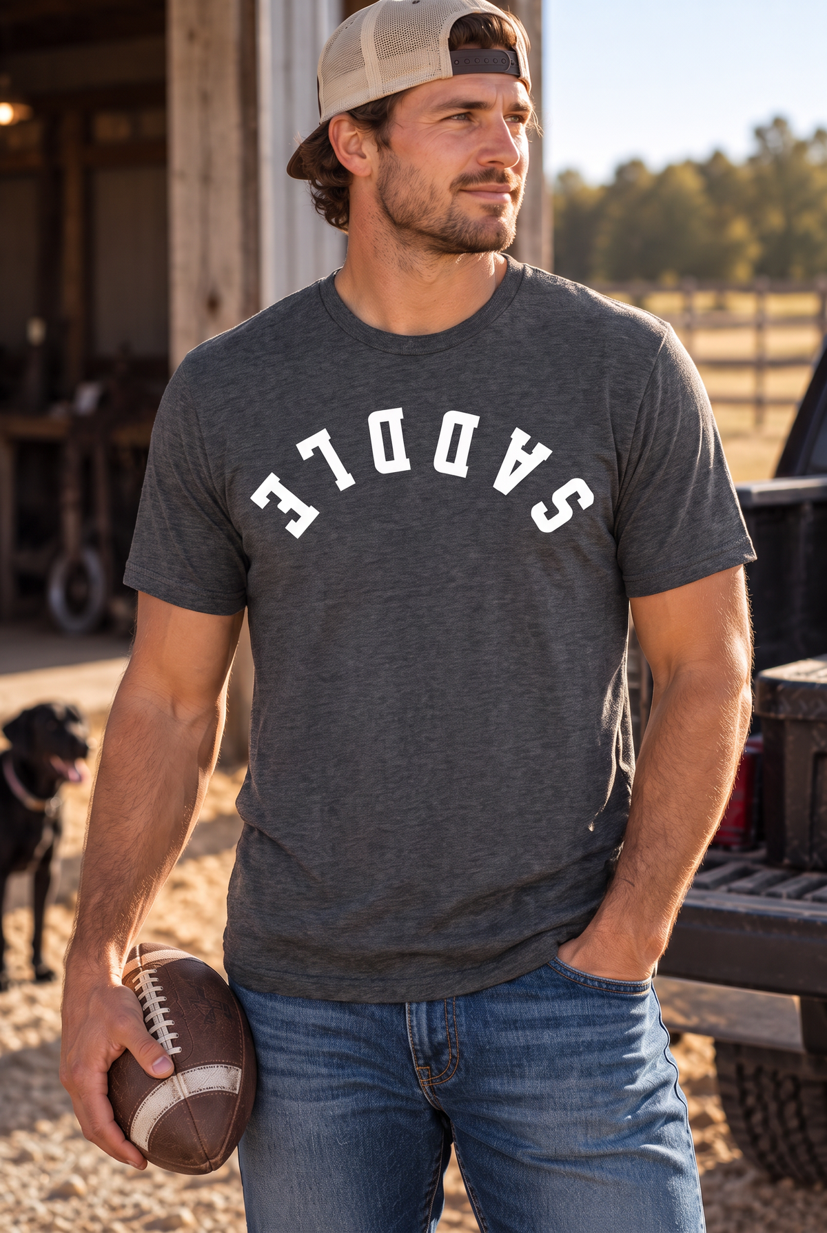 Saddle Tee in Heathered Charcoal — male model, front view