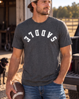 Saddle Tee in Heathered Charcoal — male model, front view