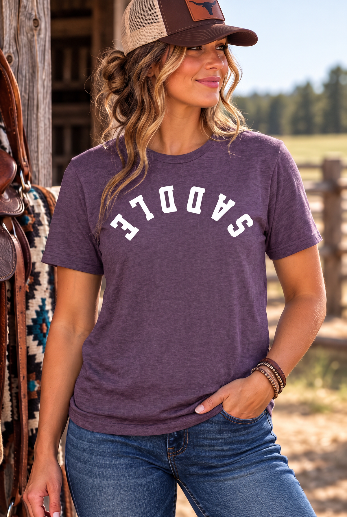Saddle Tee in Heathered Eggplant — female model, front view