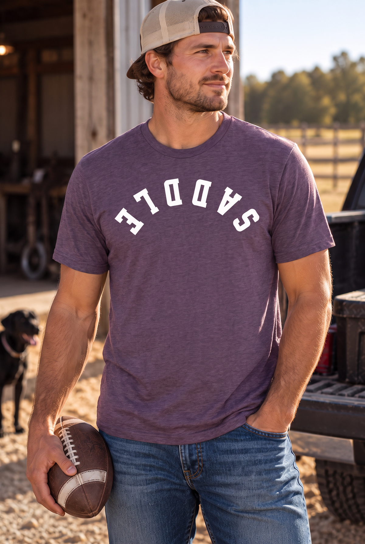 Saddle Tee in Heathered Eggplant — male model, front view