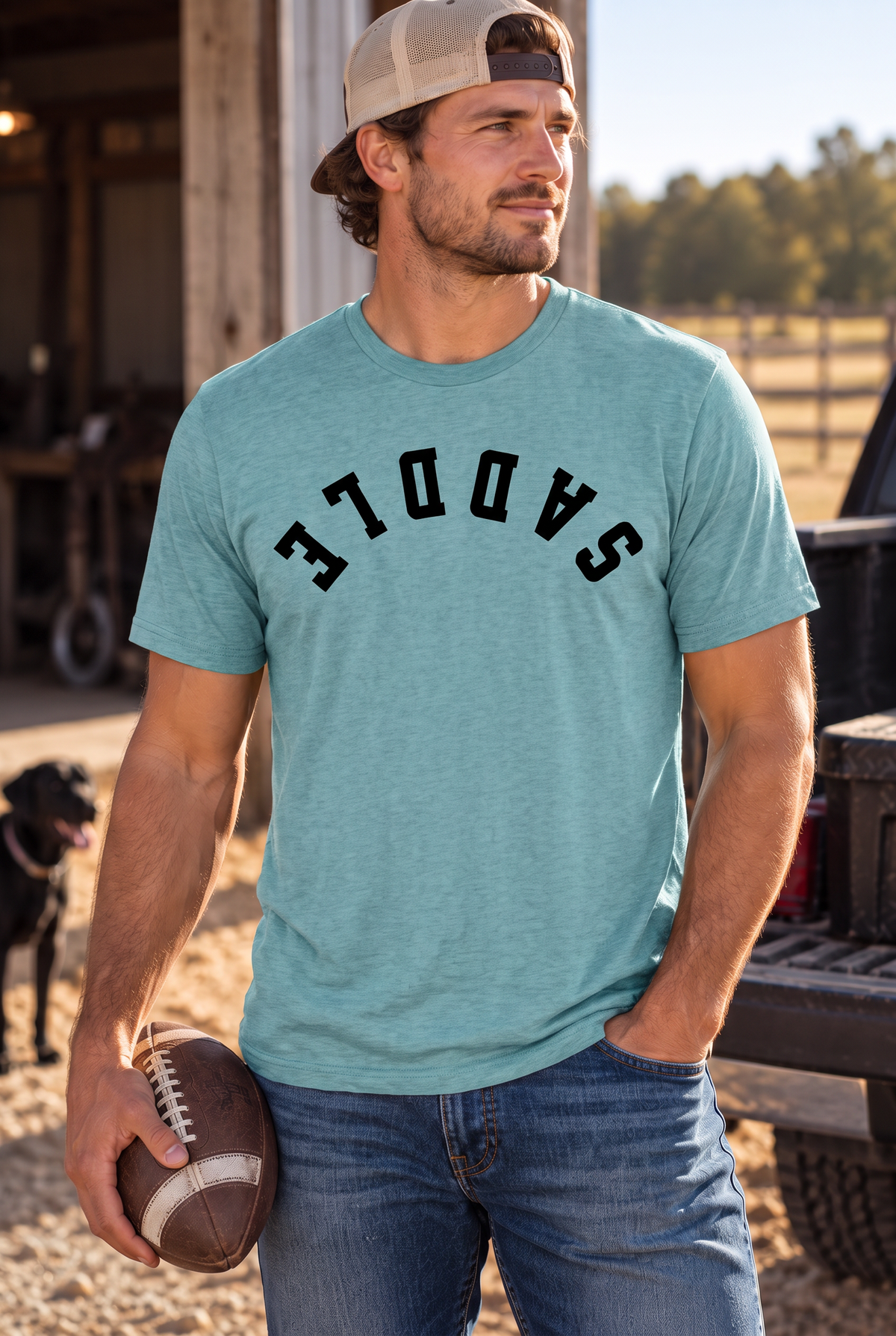 Saddle Tee in Heathered Eucalyptus Blue — male model, front view