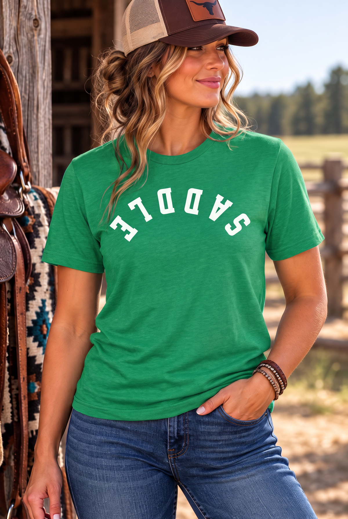 Saddle Tee in Heathered Kelly Green — female model, front view
