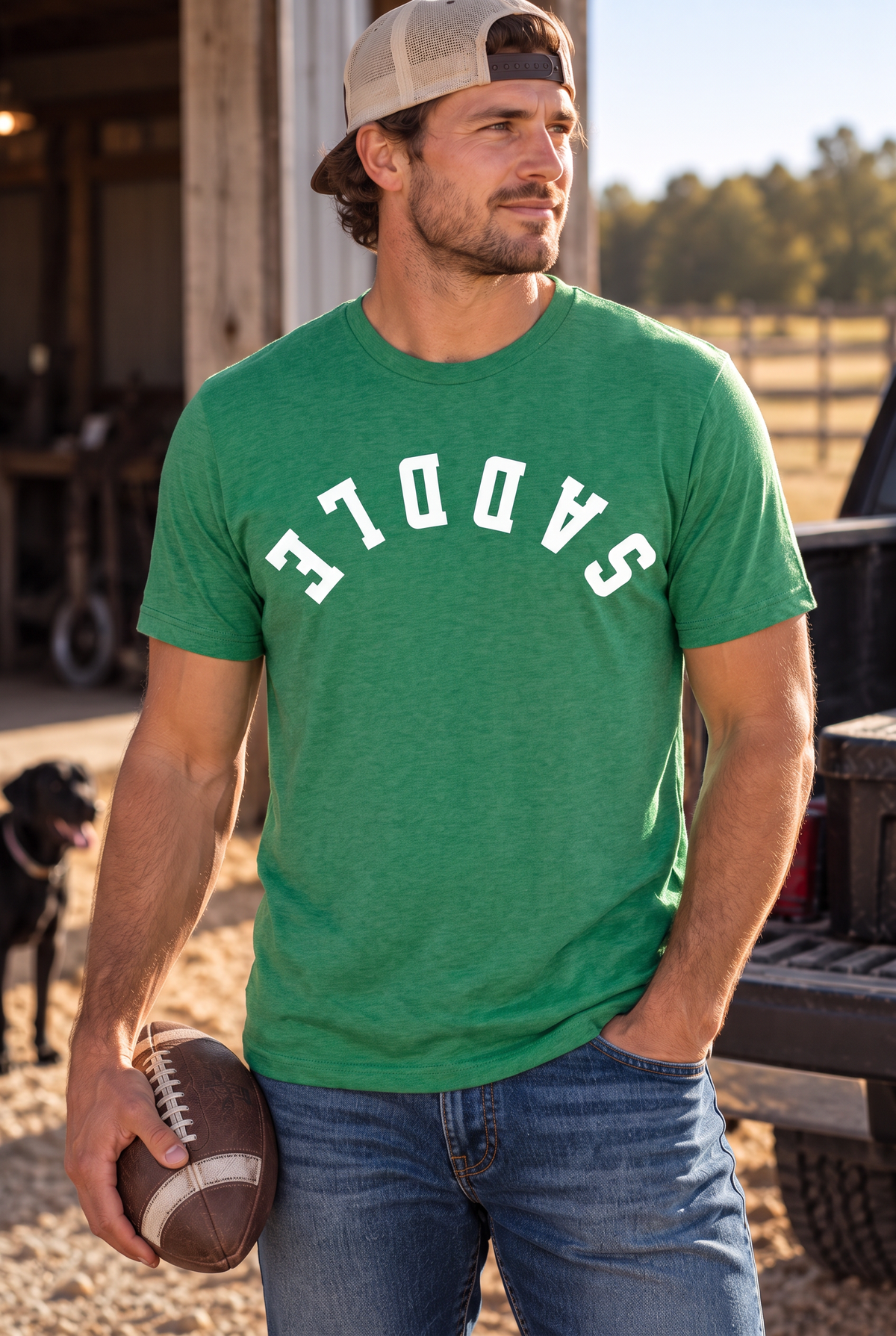 Saddle Tee in Heathered Kelly Green — male model, front view