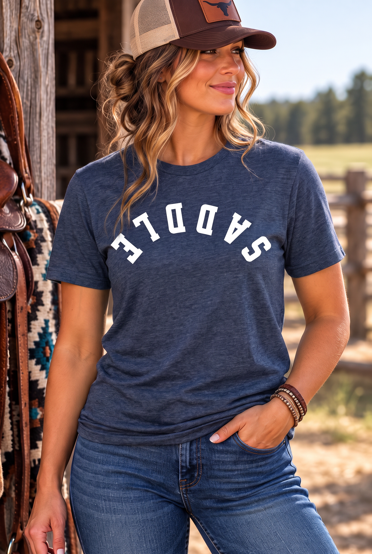 Saddle Tee in Heathered Navy — female model, front view