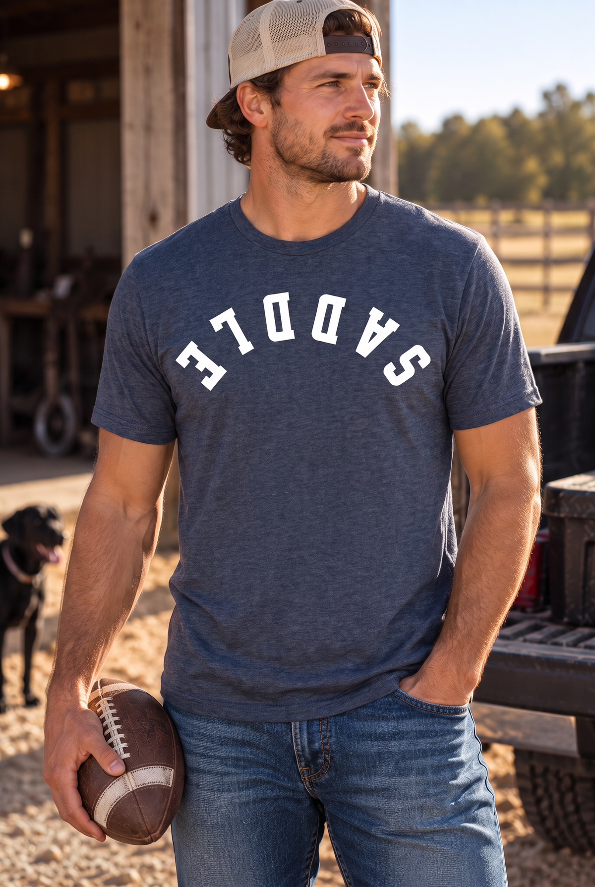 Saddle Tee in Heathered Navy — male model, front view