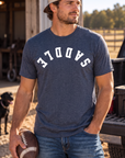 Saddle Tee in Heathered Navy — male model, front view