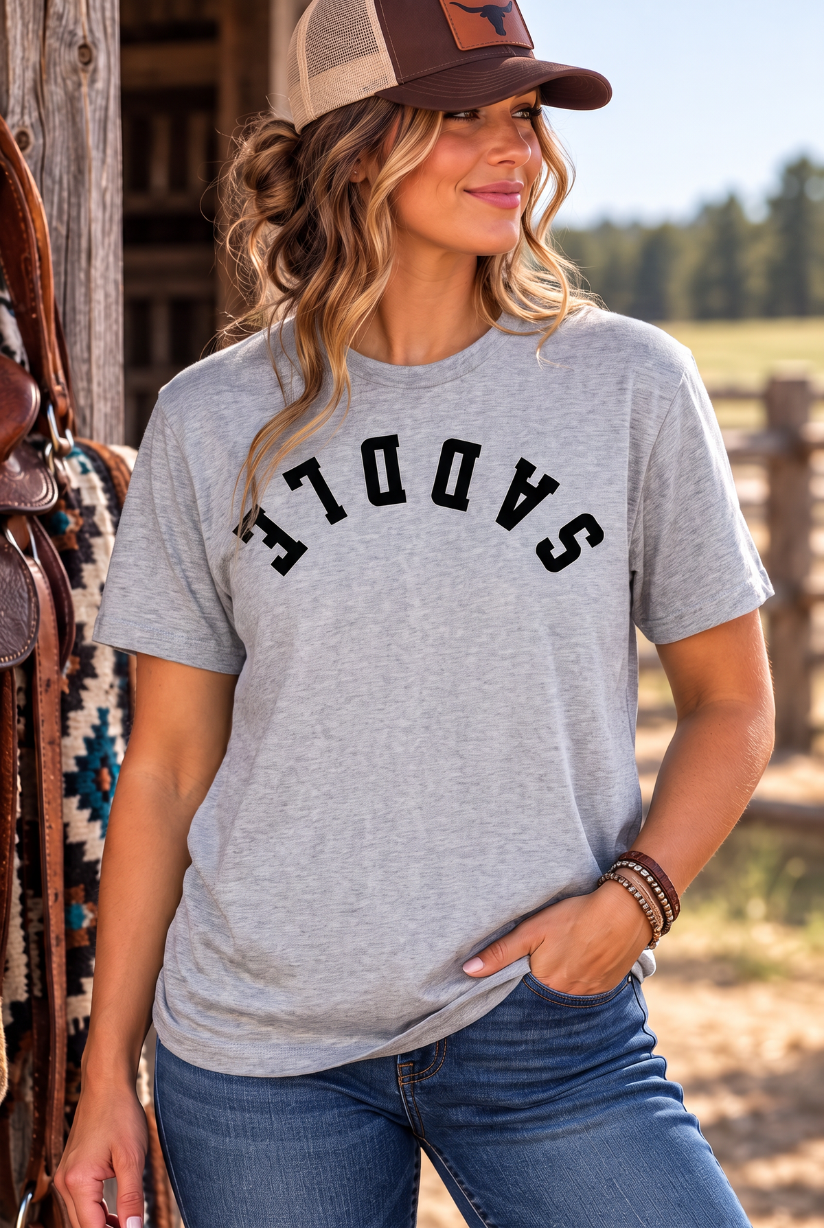 Saddle Tee in Light Heather Grey — female model, front view