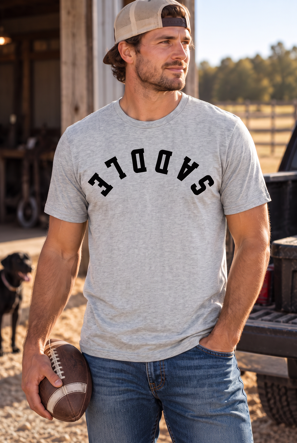 Saddle Tee in Light Heather Grey — male model, front view