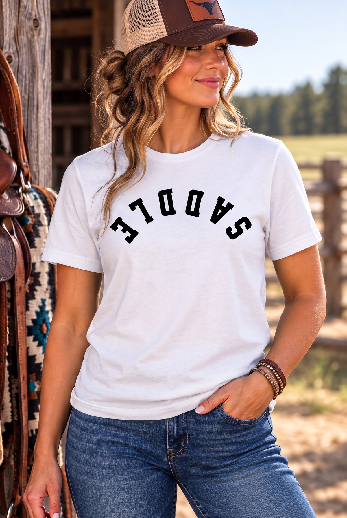 Saddle Tee in White — female model, front view