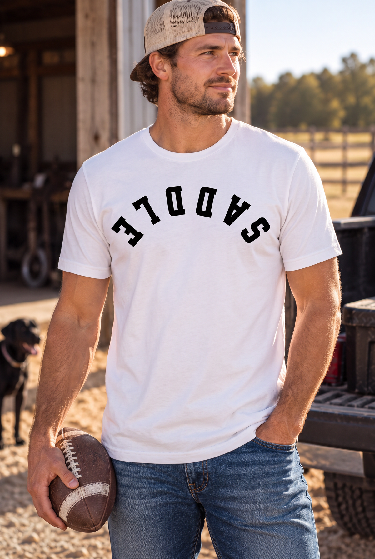 Saddle Tee in White — male model, front view