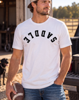 Saddle Tee in White — male model, front view