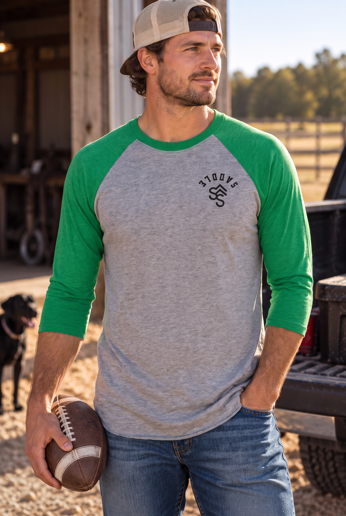 The Brand Baseball Tee in Envy/Premium Heather — male model, front view