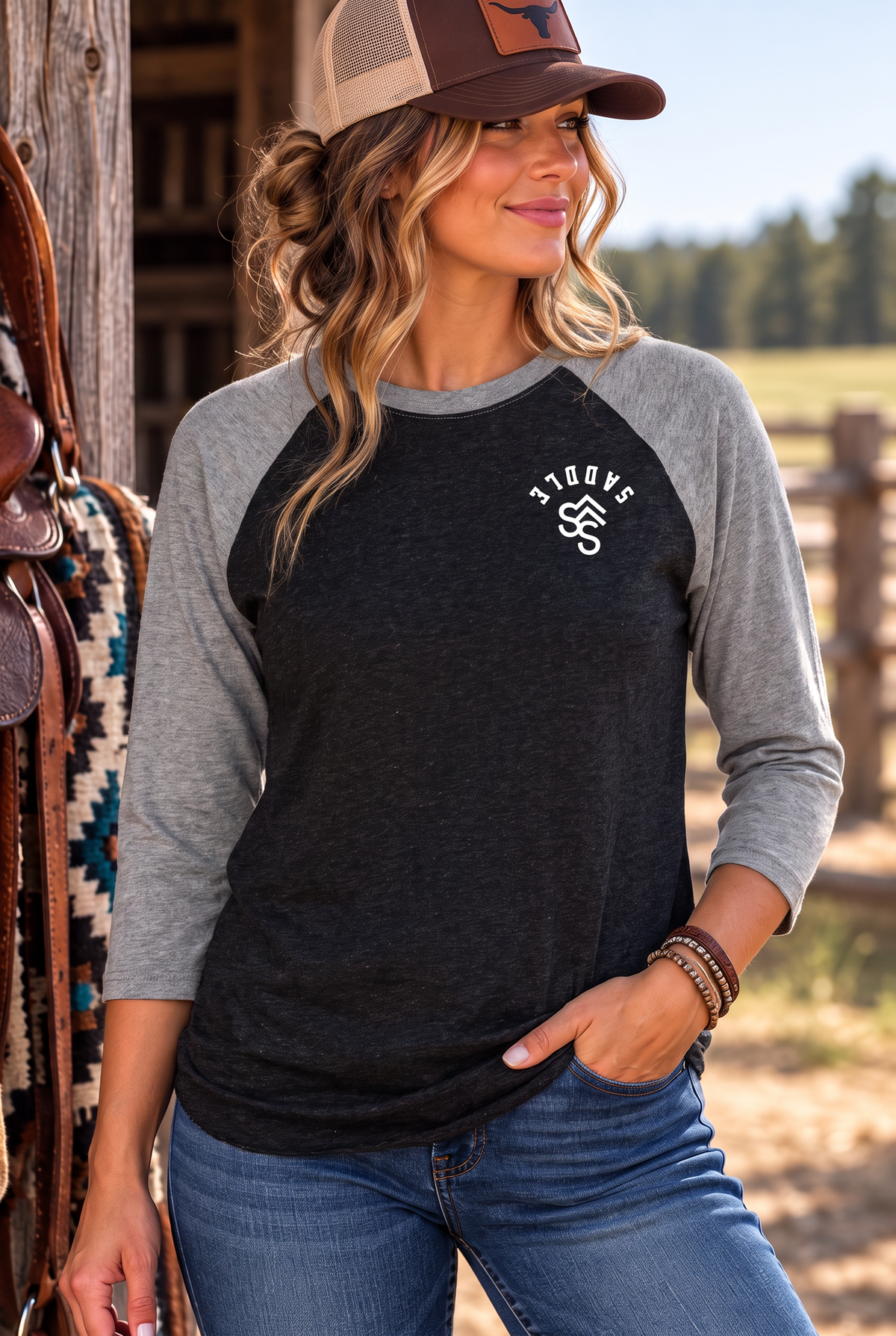 The Brand Baseball Tee in Premium Heather/Vintage Black — female model, front view