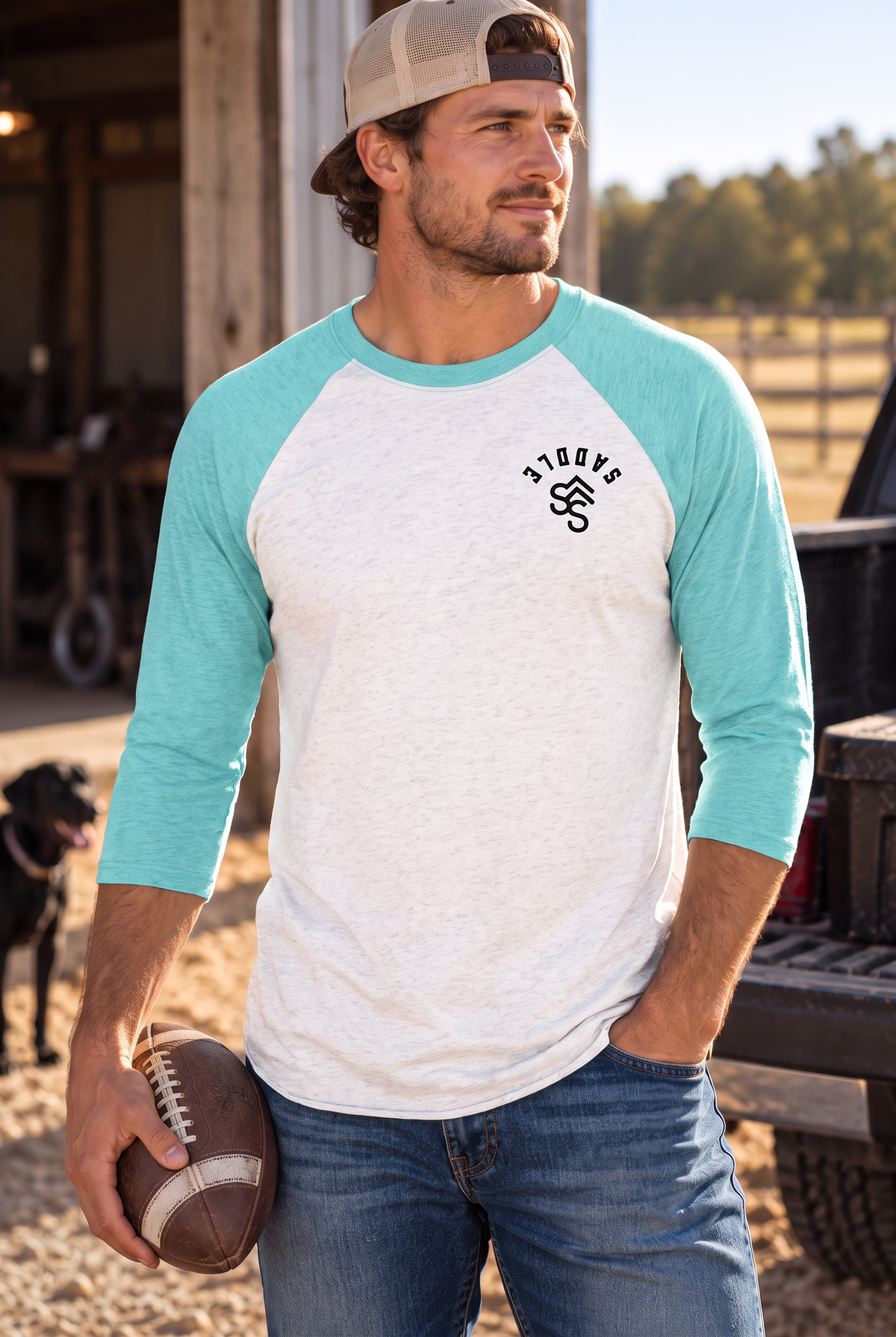 The Brand Baseball Tee in Tahiti Blue/Heather White — male model, front view