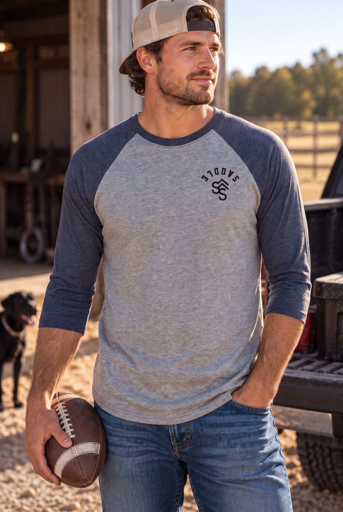 The Brand Baseball Tee in Vintage Navy/Premium Heather — male model, front view