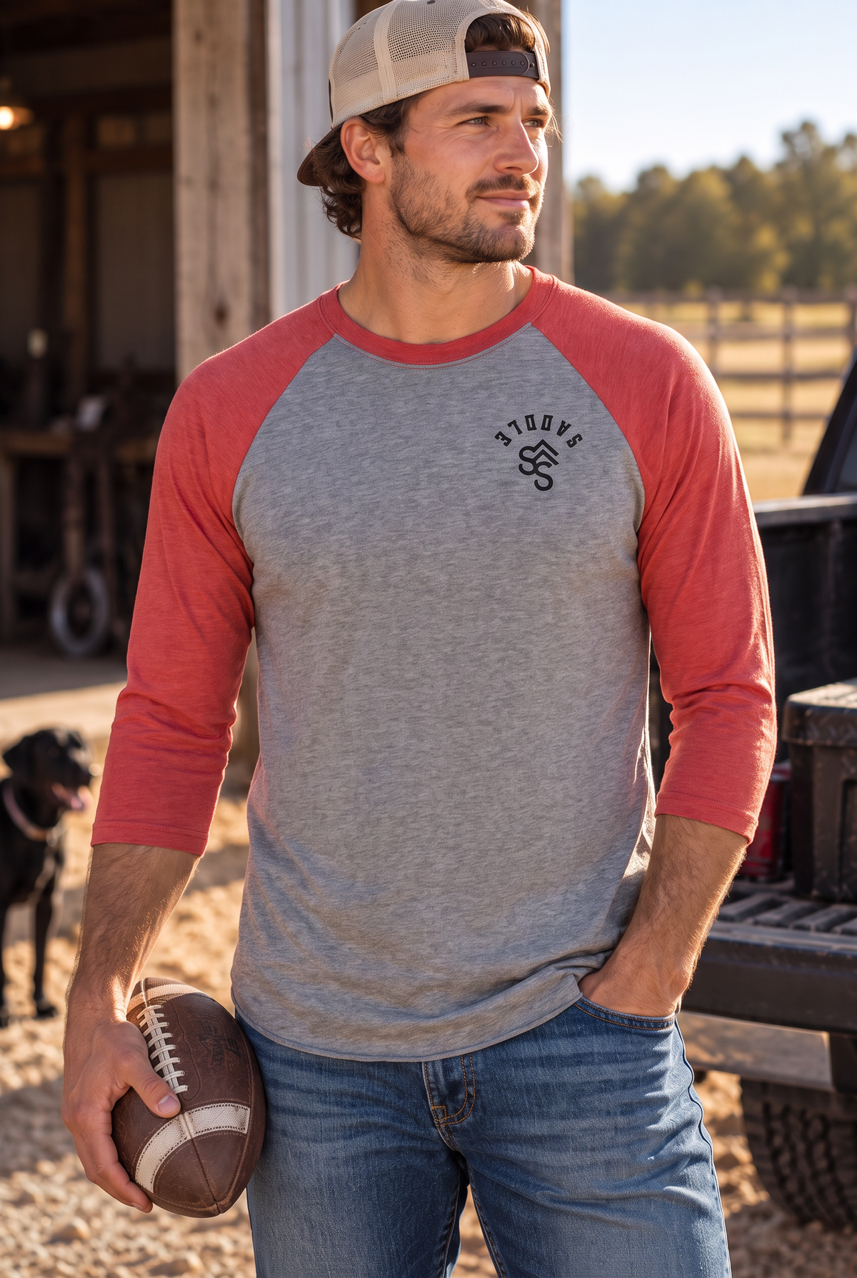 The Brand Baseball Tee in Vintage Red/Premium Heather — male model, front view