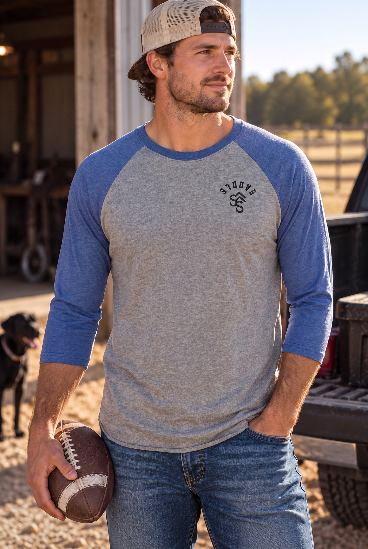 The Brand Baseball Tee in Vintage Royal/Premium Heather — male model, front view