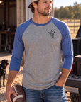 The Brand Baseball Tee in Vintage Royal/Premium Heather — male model, front view