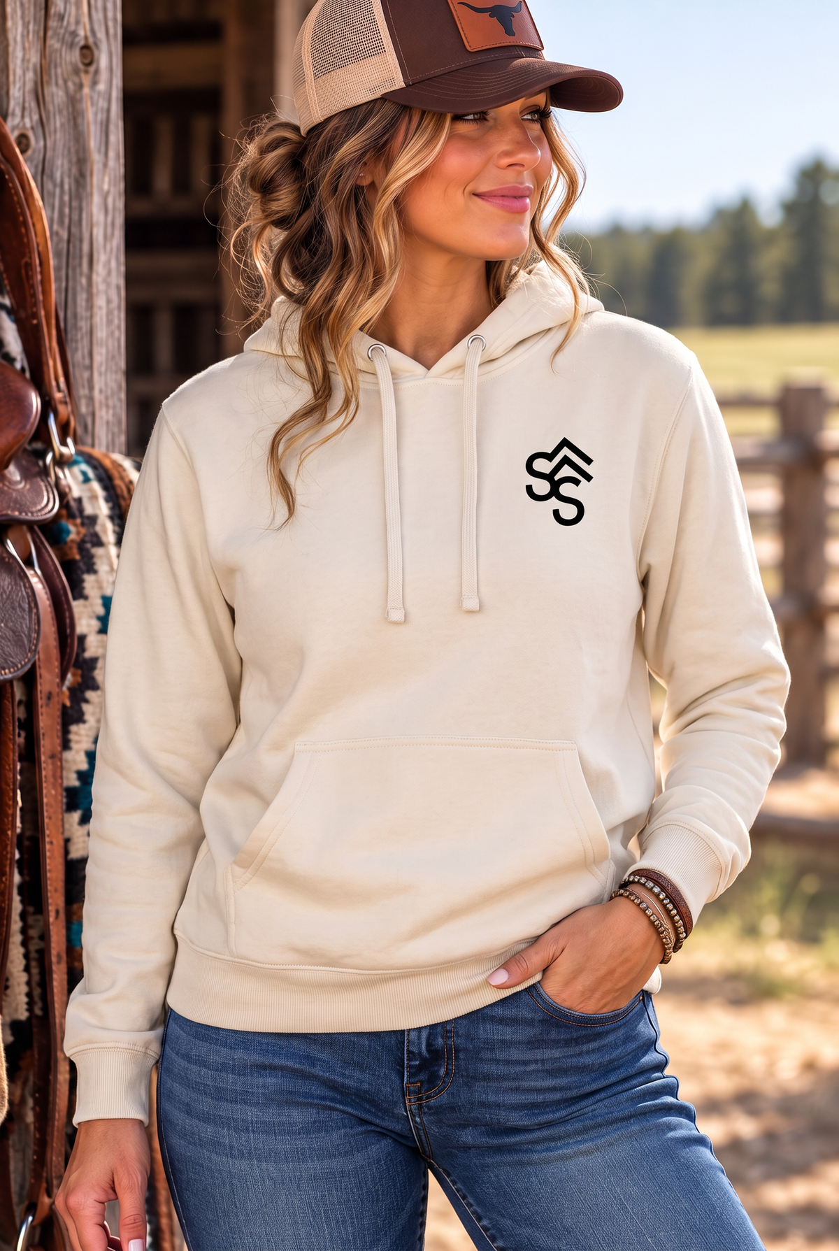 The Brand Hoodie in Bone — female model, front view