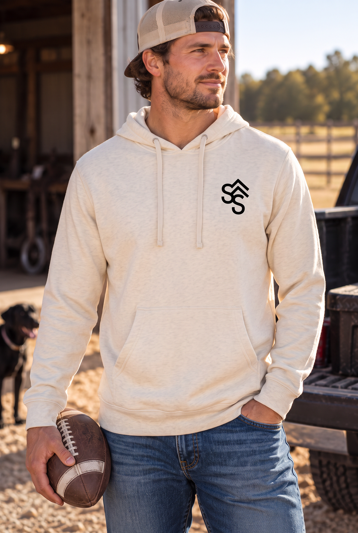 The Brand Hoodie in Bone — male model, front view