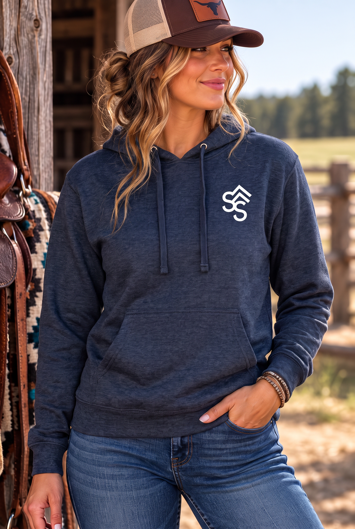 The Brand Hoodie in Classic Navy Heather — female model, front view