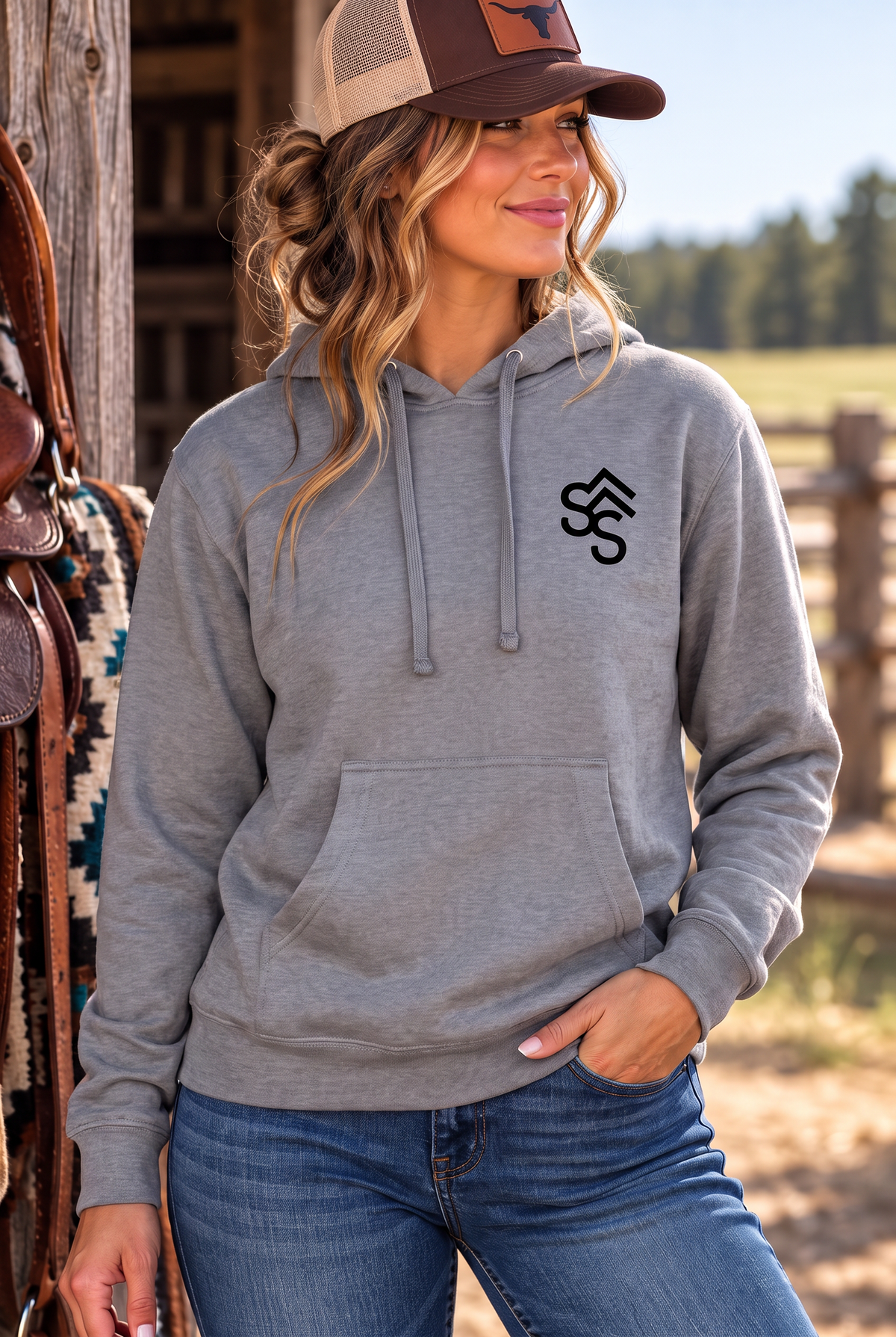 The Brand Hoodie in Gunmetal Heather — female model, front view
