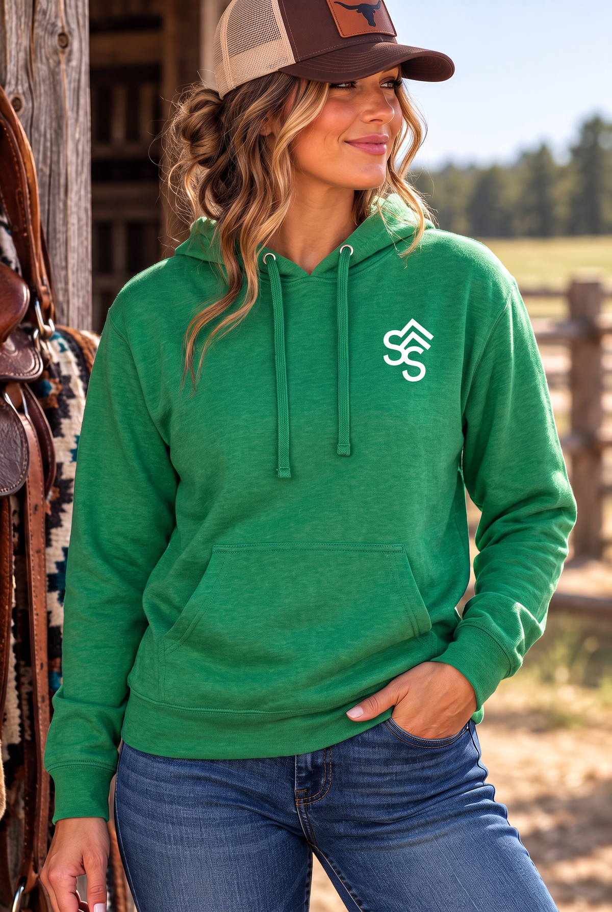 The Brand Hoodie in Kelly Green Heather — female model, front view