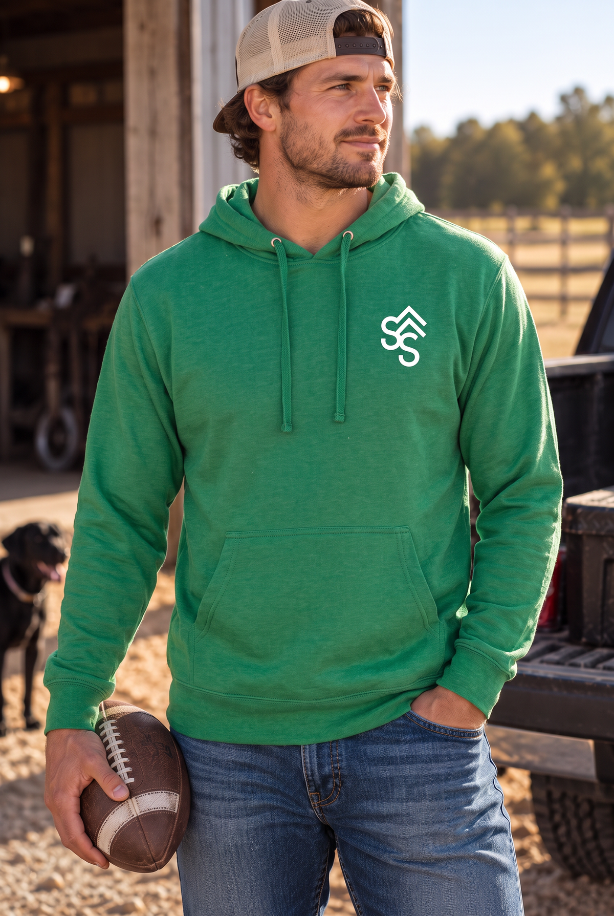 The Brand Hoodie in Kelly Green Heather — male model, front view