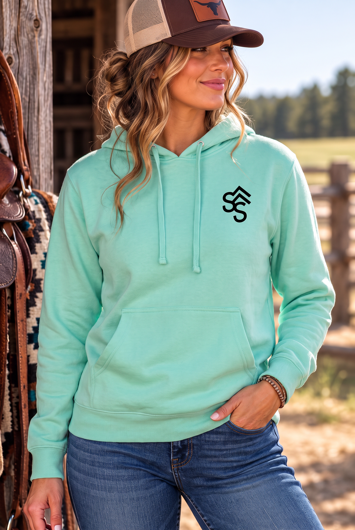 The Brand Hoodie in Mint — female model, front view